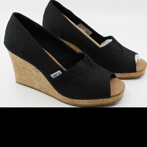 Toms NWT Women Shoes 3.5" Heels Cork Wedges SZ 8M Black Woven